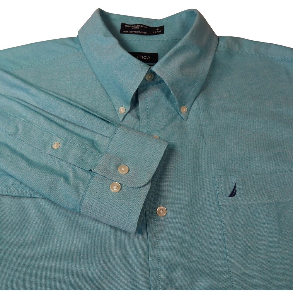 Nautica Shirt Mens Sz 18X36-37 Vintage Oxford Blue Button Up Long Sleeve Cotton
